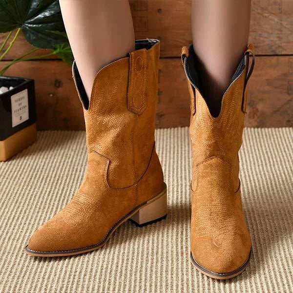 Women's Retro Square Heel Casual Mid Calf Boots