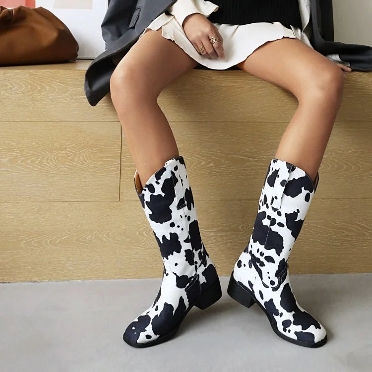 Women's Cow Print Western Block Heel Cowboy Boots