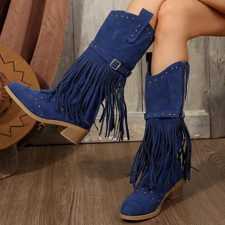 Mid Faux Suede Fringe Tassel Cowboy Boot Toe Cap