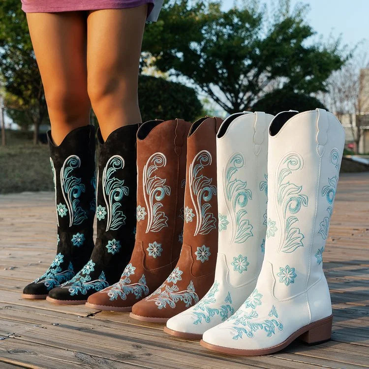 Suede Cowboy Boots With Blue Embroidery