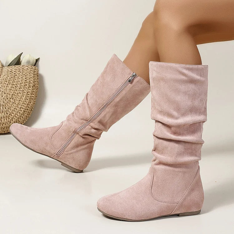 Womens Boots Suede Pleated Flock Fuzzy Low-heeled Boots for Women Solid Color Elegant Mid-Calf Boots
