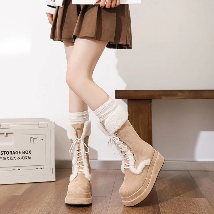 Women's Retro Thick-Soled Velvet Warm Mid-Calf Lace-Up Boots