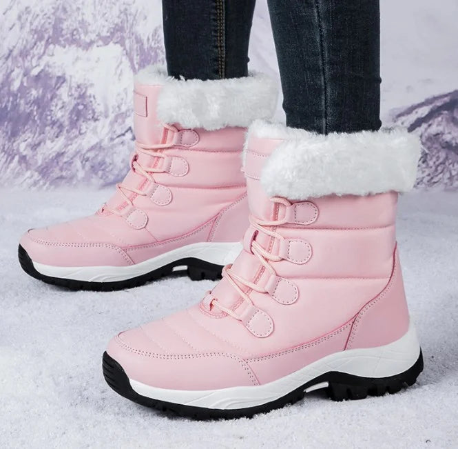 Women Winter Snow Boots - Fuzzy Lace-up Front