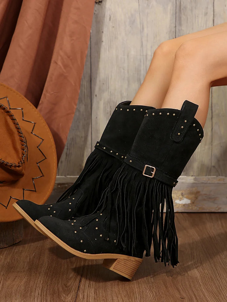 Mid Faux Suede Fringe Tassel Cowboy Boot Toe Cap