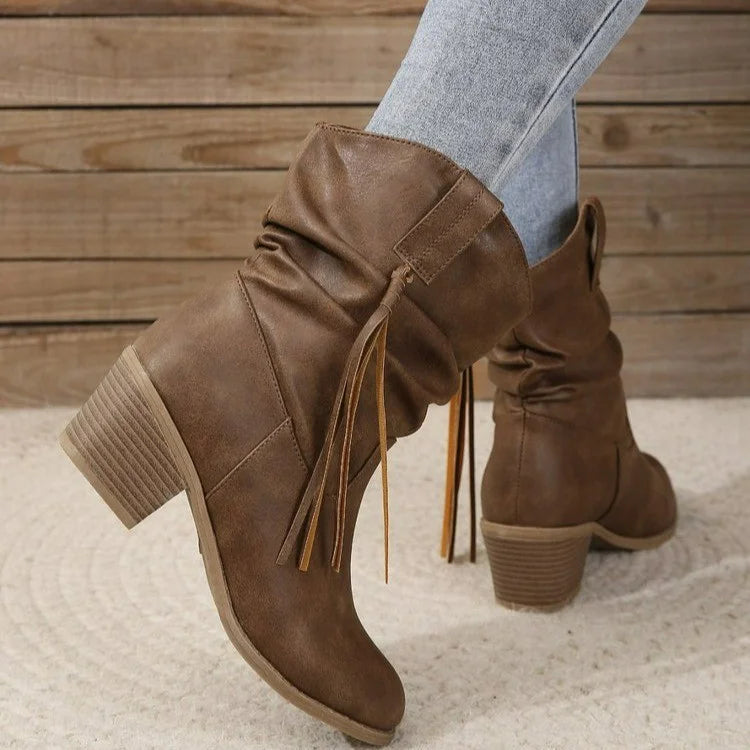 Women's Pleated Tassel High Heel Mid-calf Length Loose Socks Boots