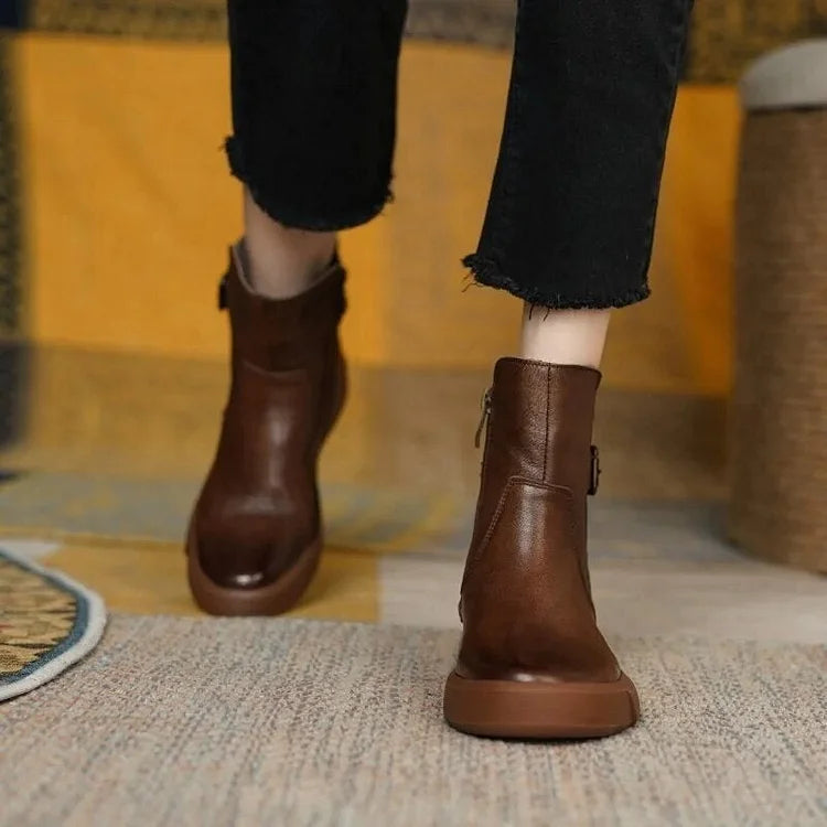 Retro Flat Ankle Short Plush Women Leather Boots