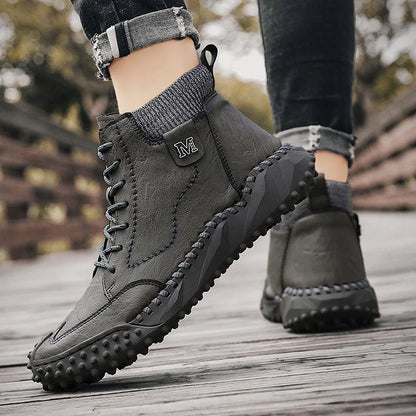 Men Ankle Boots Winter Warm Snow Boots Thick Plush Men Handmade Leather Boots Outdoor Waterproof Work Boots
