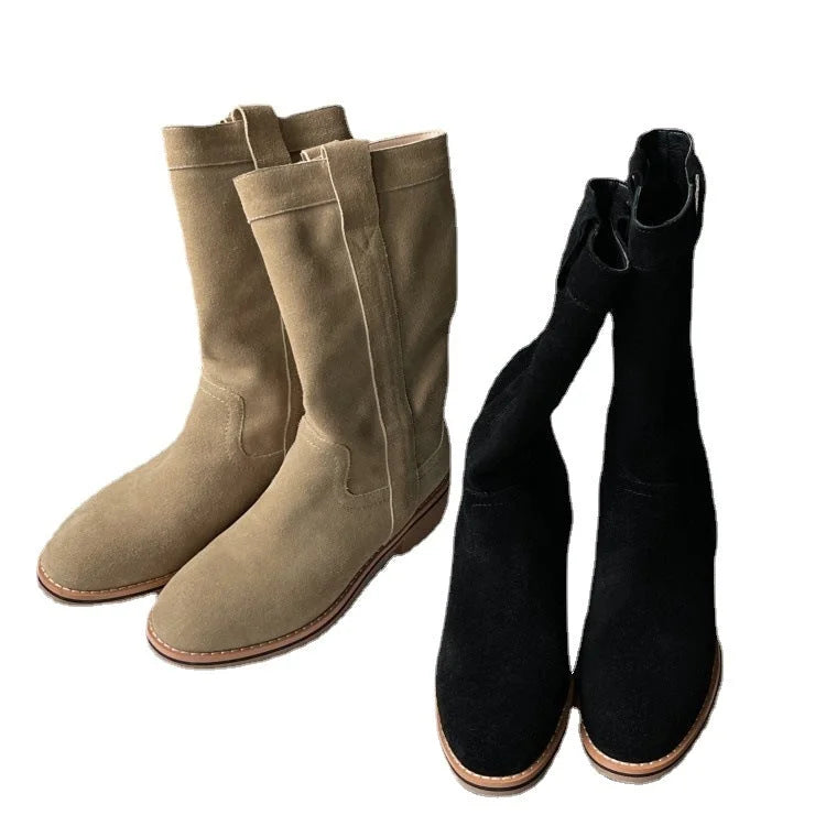 Womens Suede Leather Mid Calf Boots