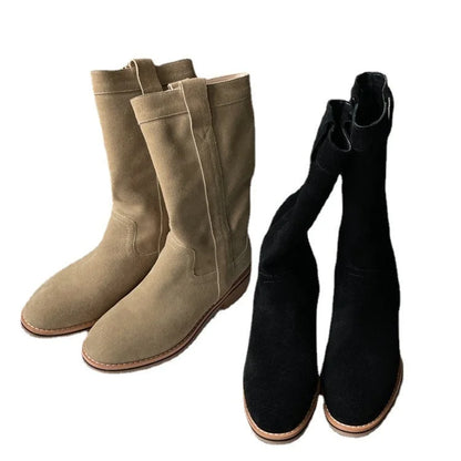 Womens Suede Leather Mid Calf Boots