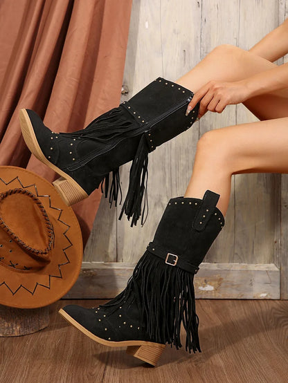 Mid Faux Suede Fringe Tassel Cowboy Boot Toe Cap
