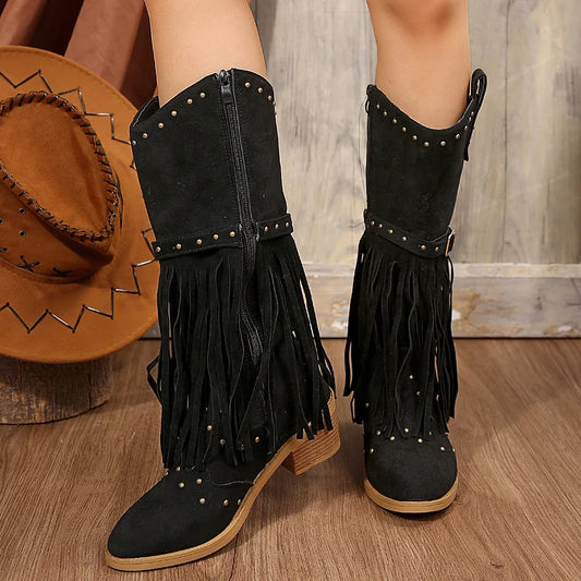 Mid Faux Suede Fringe Tassel Cowboy Boot Toe Cap
