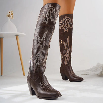 Retro Resort Embroidered Chunky Heel Cowboy Westem Fashion Boots For Women
