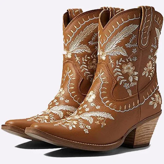 Women's Chunky High Heel Embroidered Ankle Boots