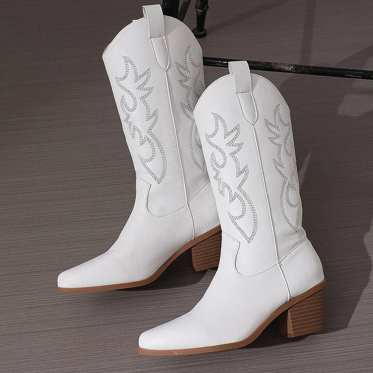 Cowboy Heel Boots with Leaf Embroidery