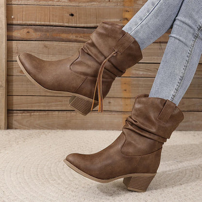Women's Pleated Tassel High Heel Mid-calf Length Loose Socks Boots