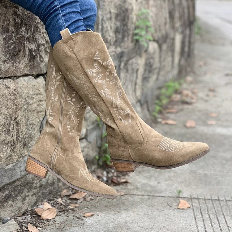 Suede Cowboy Boots with Embroidery