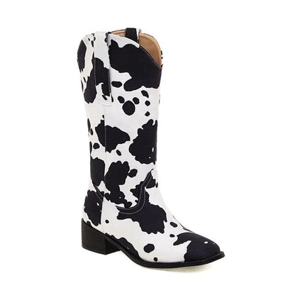 Women's Cow Print Western Block Heel Cowboy Boots