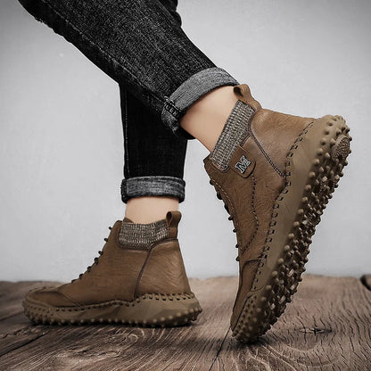 Men Ankle Boots Winter Warm Snow Boots Thick Plush Men Handmade Leather Boots Outdoor Waterproof Work Boots
