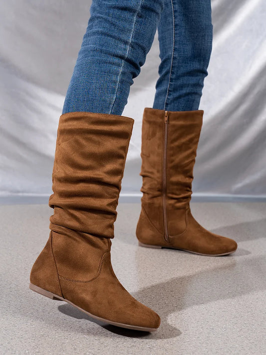 Womens Boots Suede Pleated Flock Fuzzy Low-heeled Boots for Women Solid Color Elegant Mid-Calf Boots