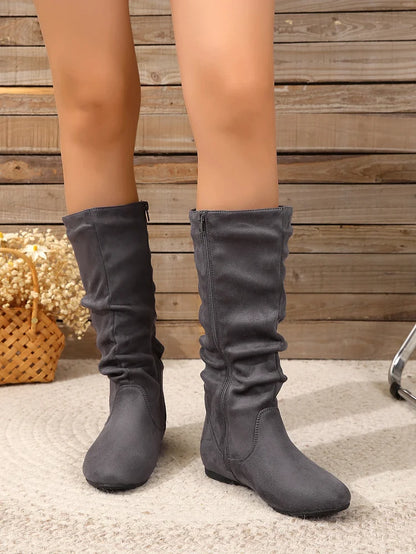 Womens Boots Suede Pleated Flock Fuzzy Low-heeled Boots for Women Solid Color Elegant Mid-Calf Boots