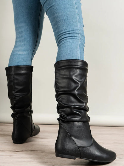 Womens Boots PU Pleated Flock Fuzzy Low-heeled Boots for Women Solid Color Elegant Mid-Calf Boots