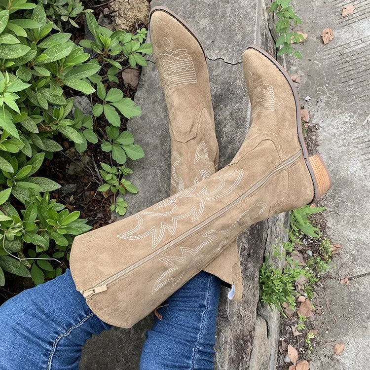 Suede Cowboy Boots with Embroidery