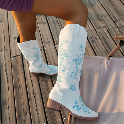 Suede Cowboy Boots With Blue Embroidery