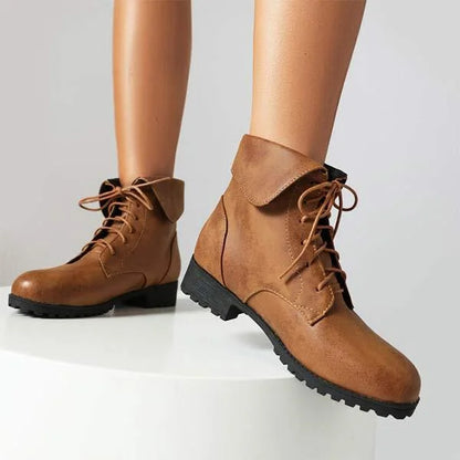 Women's Turn-Down Collar Crisscross Lace-Up Patchwork Martin Boots