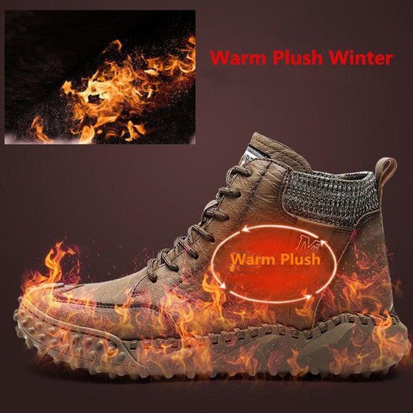 Men Ankle Boots Winter Warm Snow Boots Thick Plush Men Handmade Leather Boots Outdoor Waterproof Work Boots