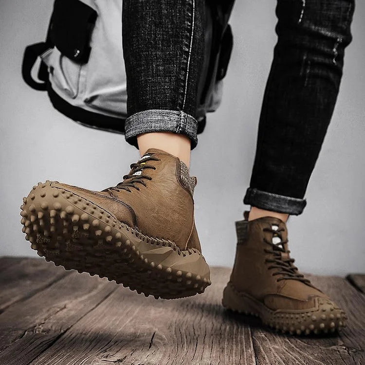 Men Ankle Boots Winter Warm Snow Boots Thick Plush Men Handmade Leather Boots Outdoor Waterproof Work Boots