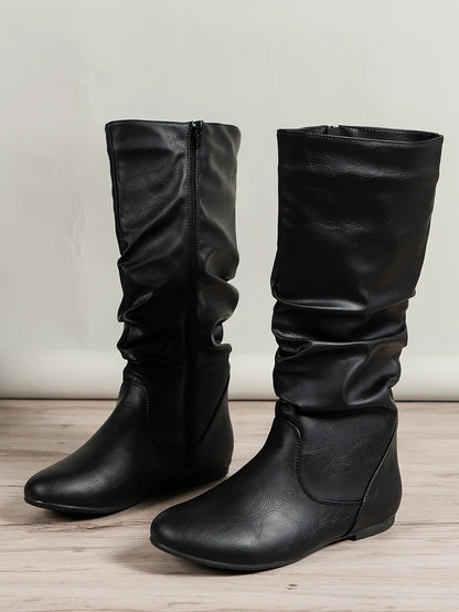 Womens Boots PU Pleated Flock Fuzzy Low-heeled Boots for Women Solid Color Elegant Mid-Calf Boots