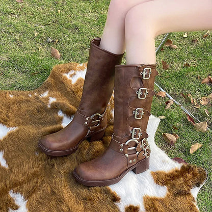 Women's Calf Buckle PU Round Toe Retro Western Gothic Boots
