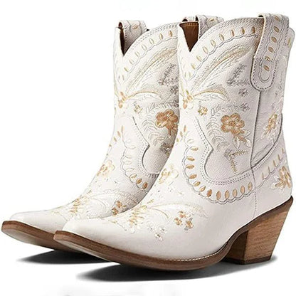 Women's Chunky High Heel Embroidered Ankle Boots