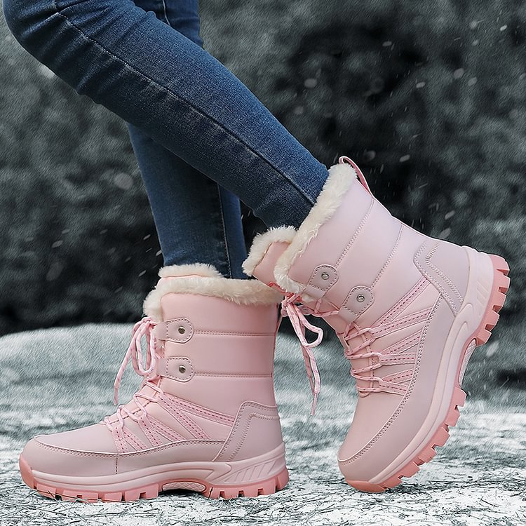 Women Anti-slip Fur Warm Waterproof Snow Boots Mid Calf