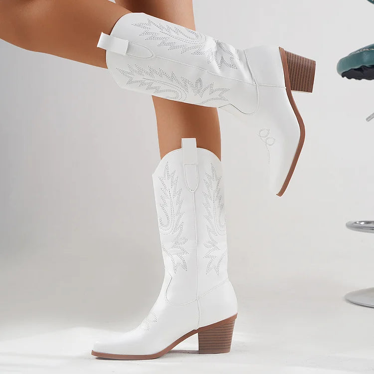 Cowboy Heel Boots with Leaf Embroidery