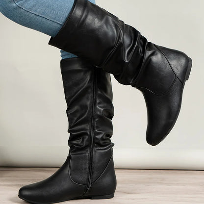 Womens Boots PU Pleated Flock Fuzzy Low-heeled Boots for Women Solid Color Elegant Mid-Calf Boots