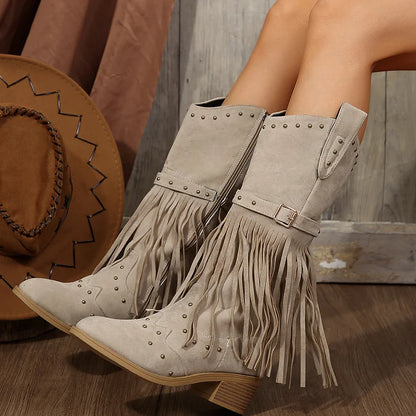 Mid Faux Suede Fringe Tassel Cowboy Boot Toe Cap