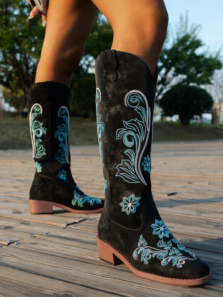 Suede Cowboy Boots With Blue Embroidery