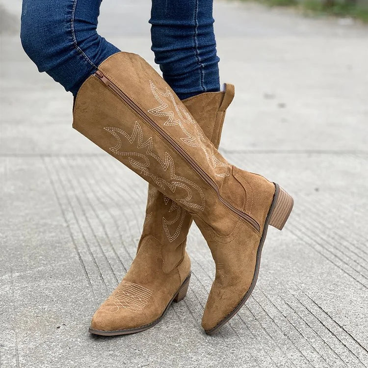 Suede Cowboy Boots with Embroidery