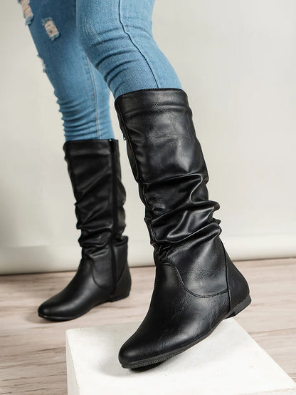 Womens Boots PU Pleated Flock Fuzzy Low-heeled Boots for Women Solid Color Elegant Mid-Calf Boots