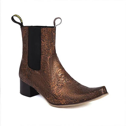Women's Fashion Retro Flower Chunky Heel Martin Boots