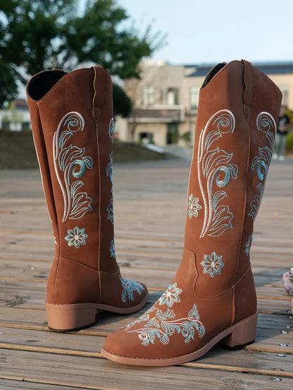Suede Cowboy Boots With Blue Embroidery