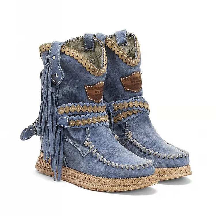 Women's Retro Leather Round-toe Flat Heel Tassel Boots