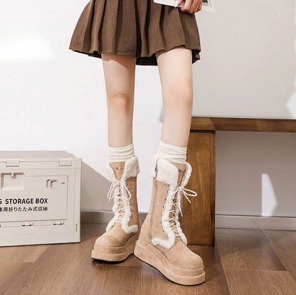 Women's Retro Thick-Soled Velvet Warm Mid-Calf Lace-Up Boots