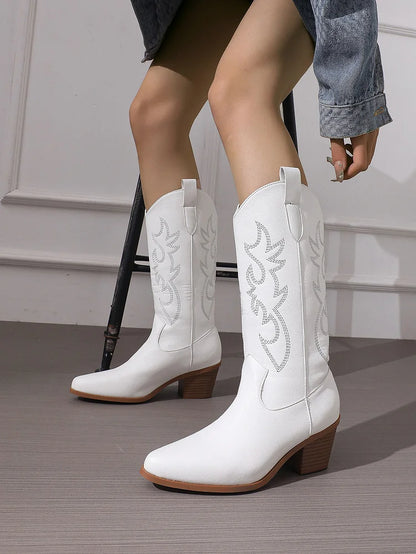 Cowboy Heel Boots with Leaf Embroidery