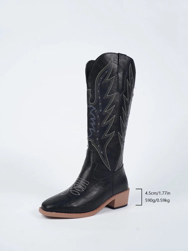 Brown Suede Cowboy Boots with Leaf Embroidery