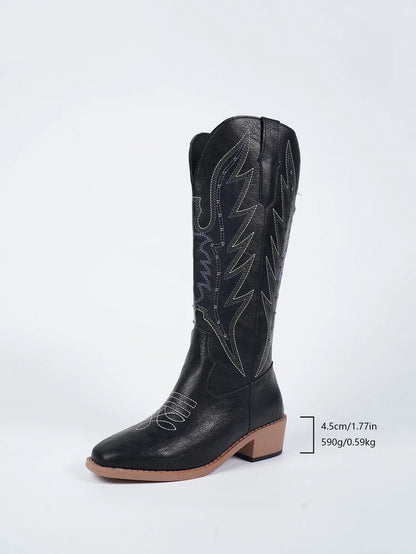 Brown Suede Cowboy Boots with Leaf Embroidery