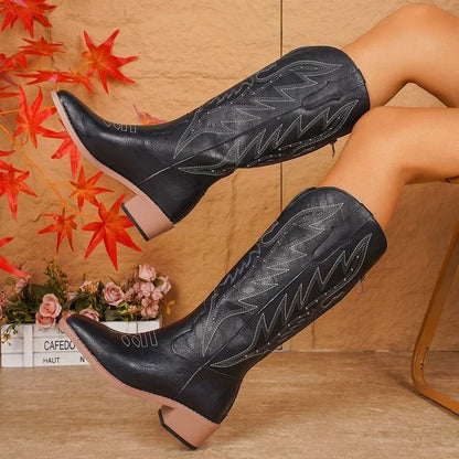 Brown Suede Cowboy Boots with Leaf Embroidery