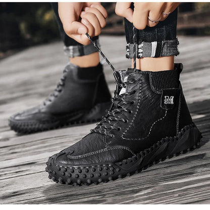Men Ankle Boots Winter Warm Snow Boots Thick Plush Men Handmade Leather Boots Outdoor Waterproof Work Boots