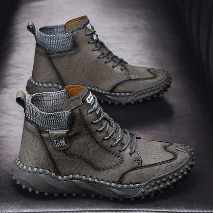 Men Ankle Boots Winter Warm Snow Boots Thick Plush Men Handmade Leather Boots Outdoor Waterproof Work Boots